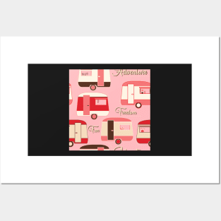 Repeat pattern of vintage caravans in retro colours on pink Posters and Art